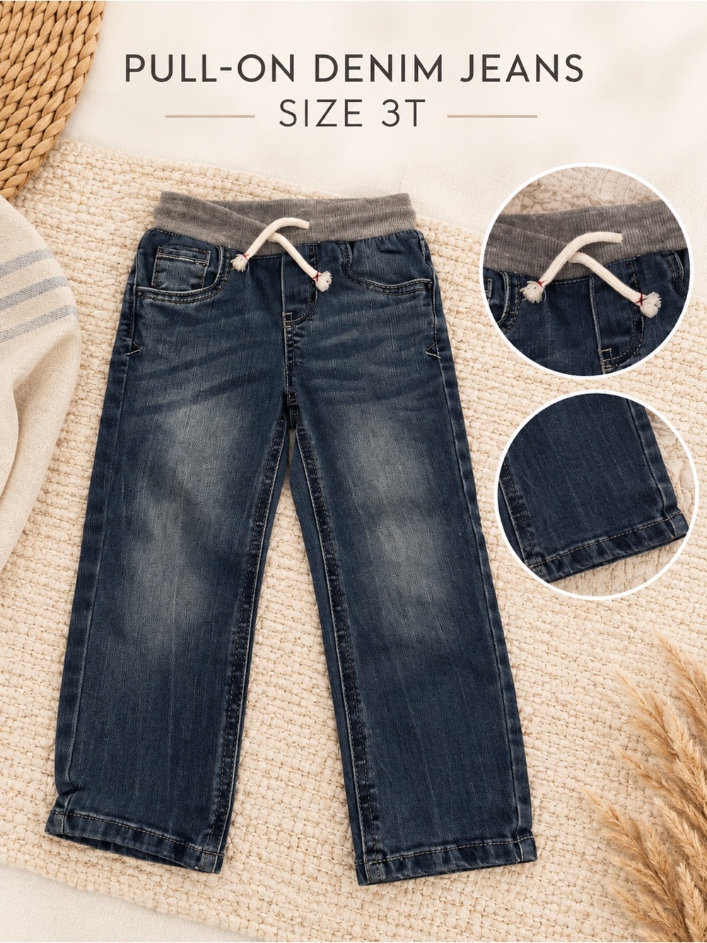Cat & Jack Dark Blue Pull-On Denim Jeans with Gray Waistband